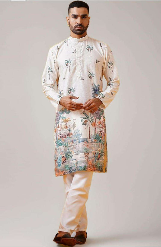 Men's Cotton Krochet Daman Print Cream Kurta with White Pyjama in Berlin