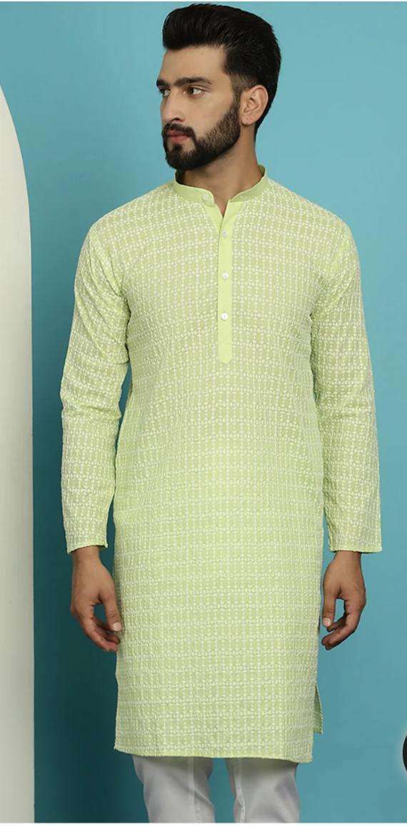 Men's Pure Cotton Green Kurta with White Embroidery in Berlin