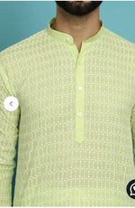Men's Pure Cotton Green Kurta with White Embroidery in Berlin