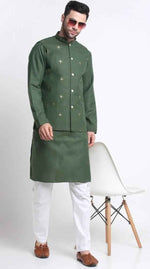 Men's Cotton Blend Solid Kurta and White Elastic Waistband Pyjama With Cotton Embroided Sequenced Nehru Jacketin Berlin