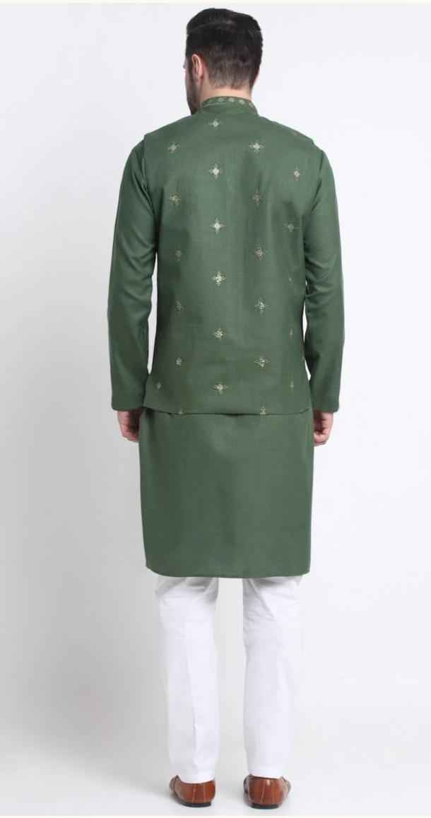 Men's Cotton Blend Solid Kurta and White Elastic Waistband Pyjama With Cotton Embroided Sequenced Nehru Jacketin Berlin