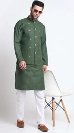 Men's Cotton Blend Solid Kurta and White Elastic Waistband Pyjama With Cotton Embroided Sequenced Nehru Jacketin Berlin