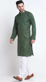 Men's Cotton Blend Solid Kurta and White Elastic Waistband Pyjama With Cotton Embroided Sequenced Nehru Jacketin Berlin