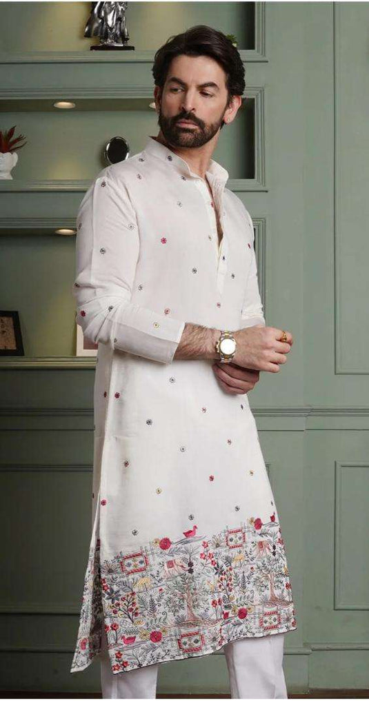 Floral Embroidered Cotton Silk Kurta and Pyjama for Men in Berlin