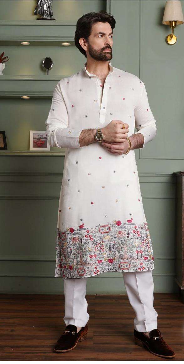 Floral Embroidered Cotton Silk Kurta and Pyjama for Men in Berlin