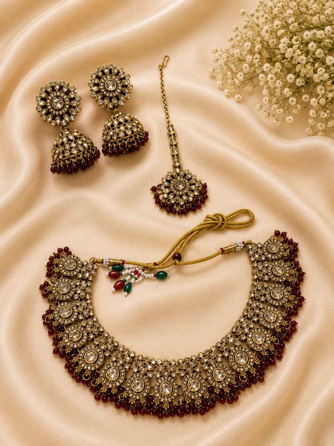 Gold-Plated Kundan Choker Necklace Set with Maroon Beads in Berlin