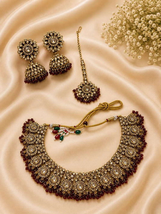 Gold-Plated Kundan Choker Necklace Set with Maroon Beads in Berlin