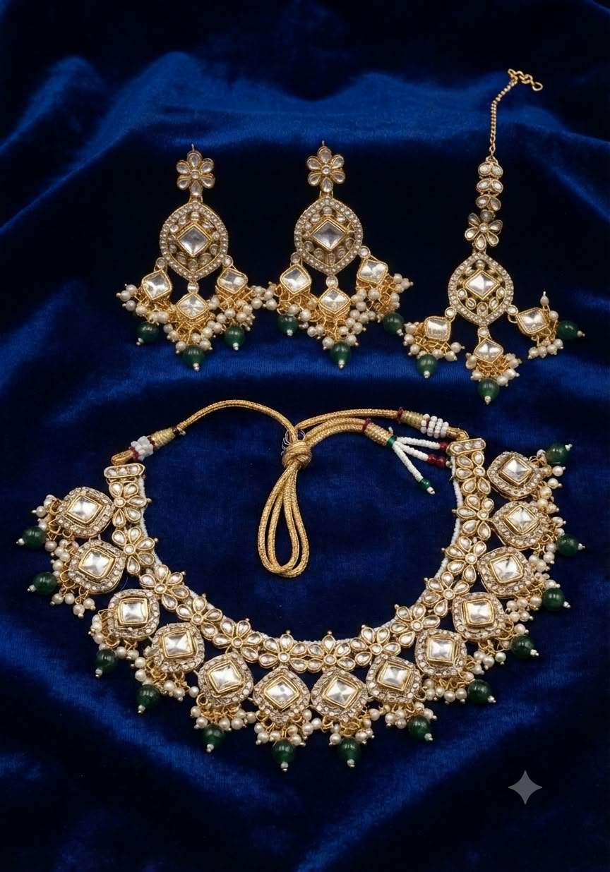 Traditional Bridal Kundan Choker Necklace Set with Emerald Green Drops in Berlin
