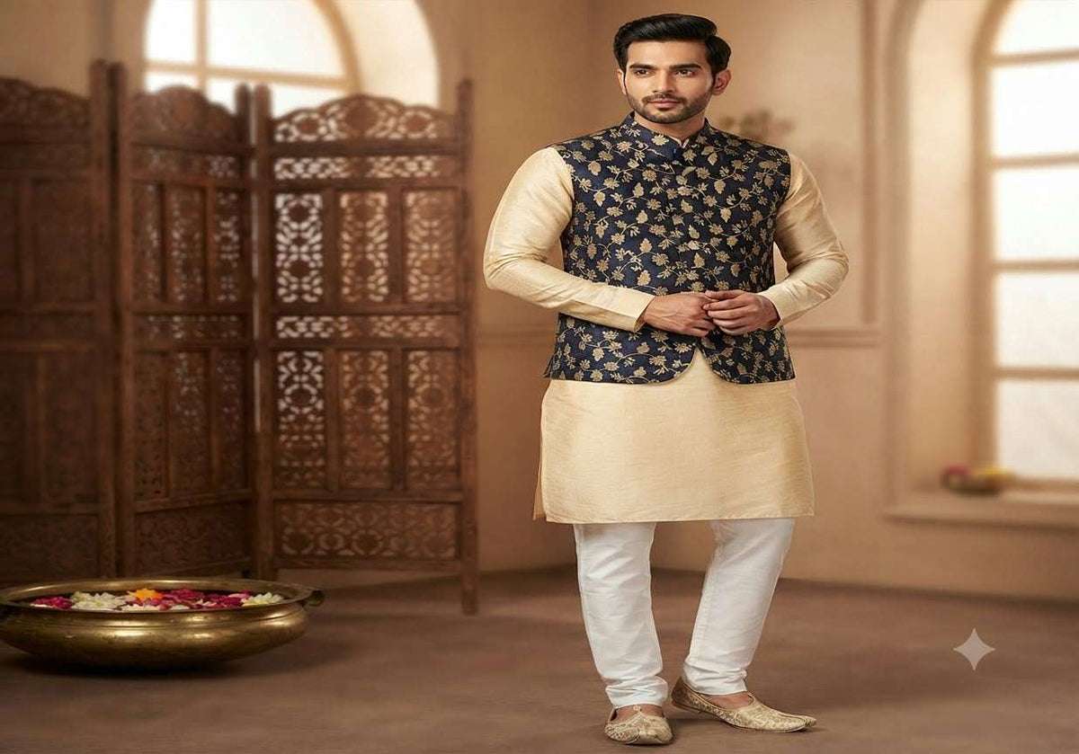 Men's Traditional Indian Festive Attire: Kurta Pyjama and Printed Nehru Jacket Set in Germany