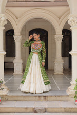Green Bandhani Front-Slit Kurti and Off-White Lehenga Set in Germany