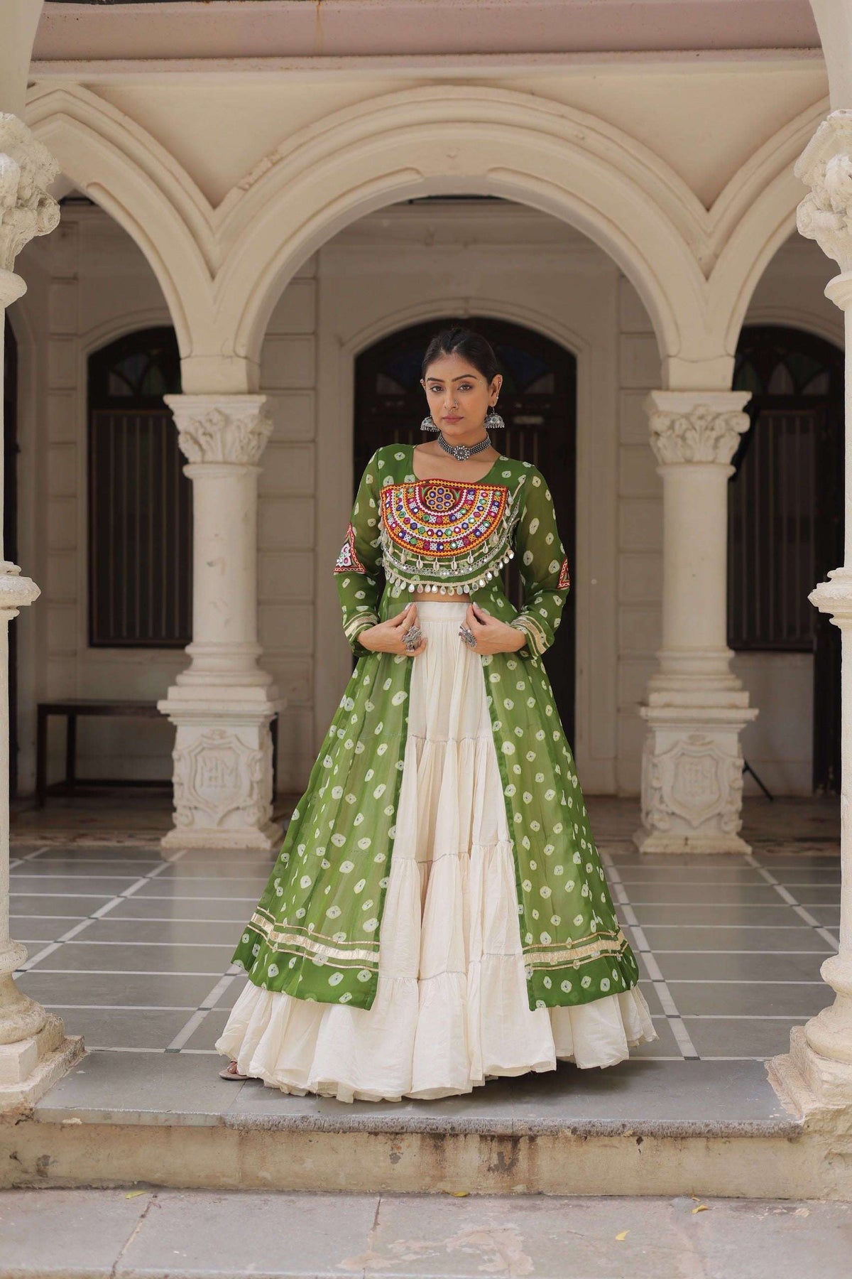 Green Bandhani Front-Slit Kurti and Off-White Lehenga Set in Germany Namma Markt