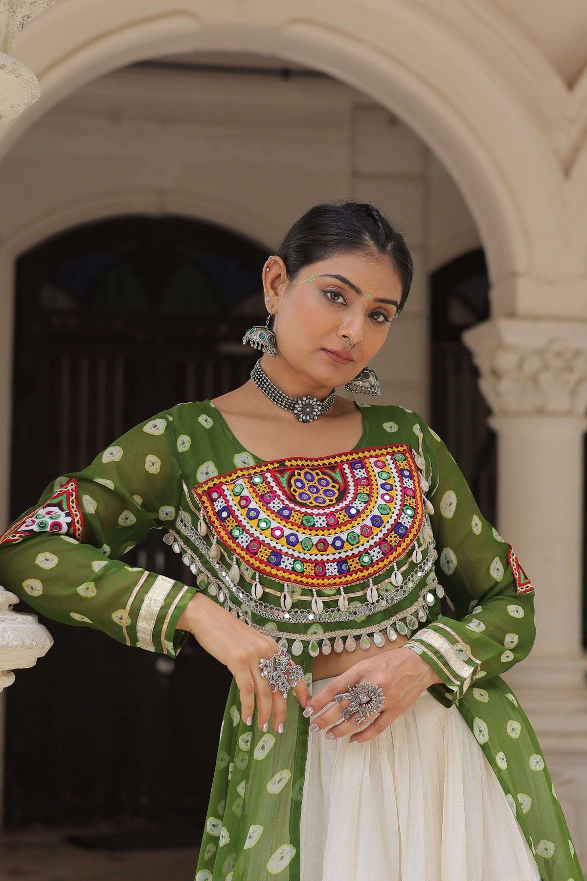 Green Bandhani Front-Slit Kurti and Off-White Lehenga Set in Germany Namma Markt