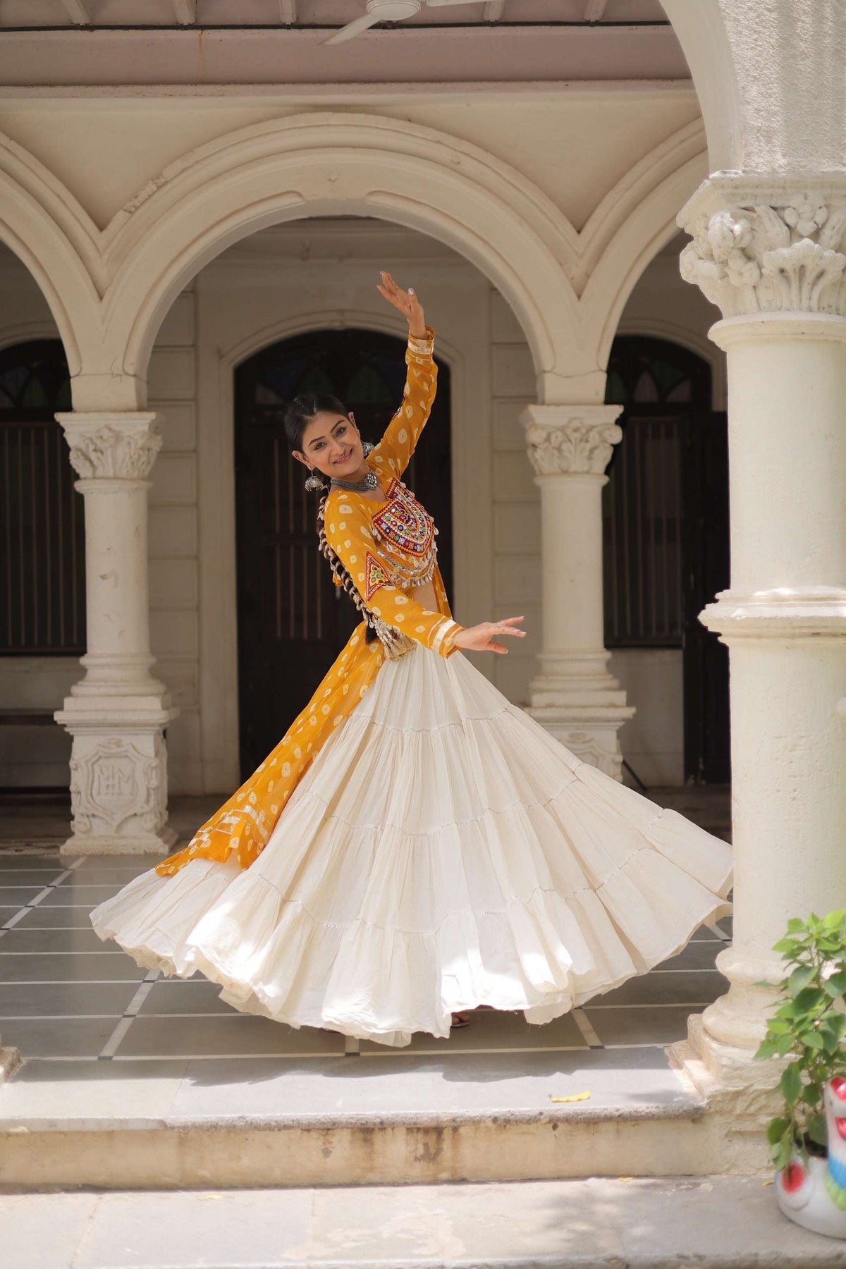 Yellow Bandhani Front-Slit Kurti and Off-White Lehenga Set in Germany Namma Markt