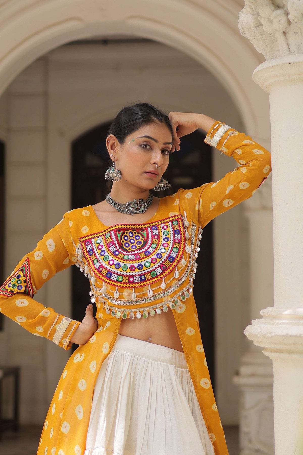 Yellow Bandhani Front-Slit Kurti and Off-White Lehenga Set in Germany Namma Markt