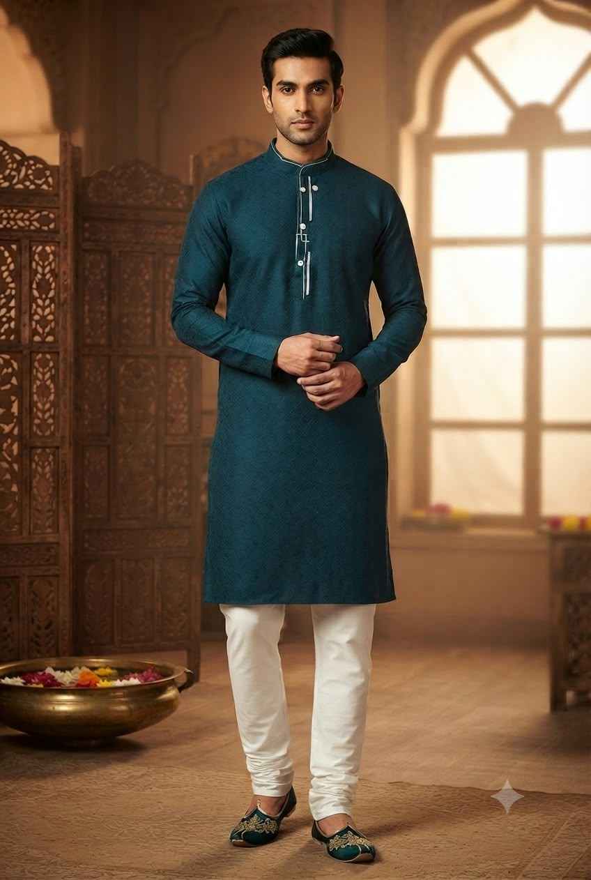 Elegant Men's Teal Green Embroidered Kurta Set in Berlin