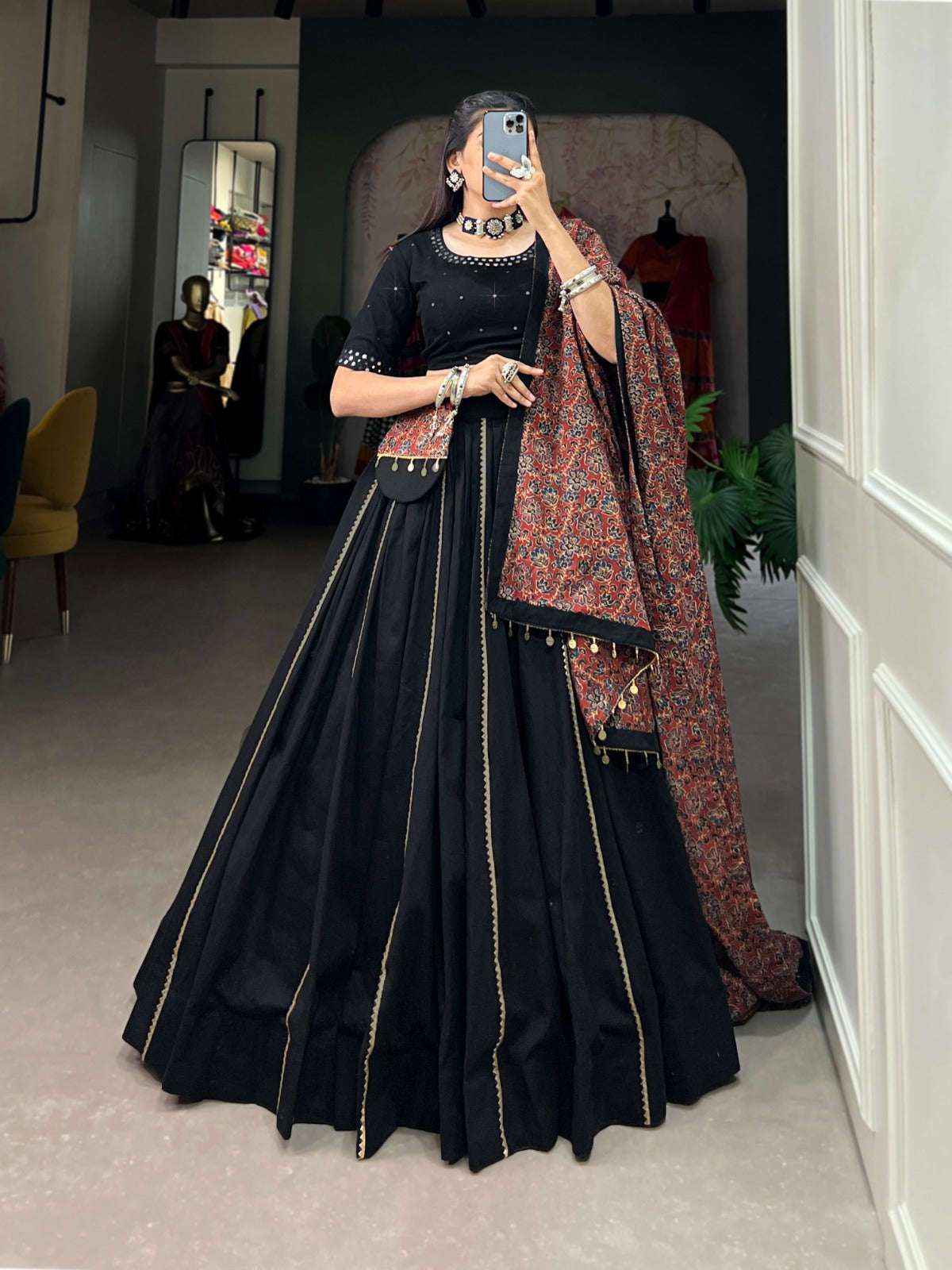 Elegant Black Cotton Navratri Lehenga Choli with Ajrakh Dupatta in Germany