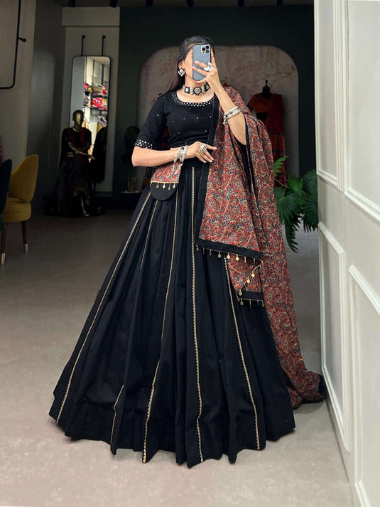 Elegant Black Cotton Navratri Lehenga Choli with Ajrakh Dupatta in Germany Namma Markt