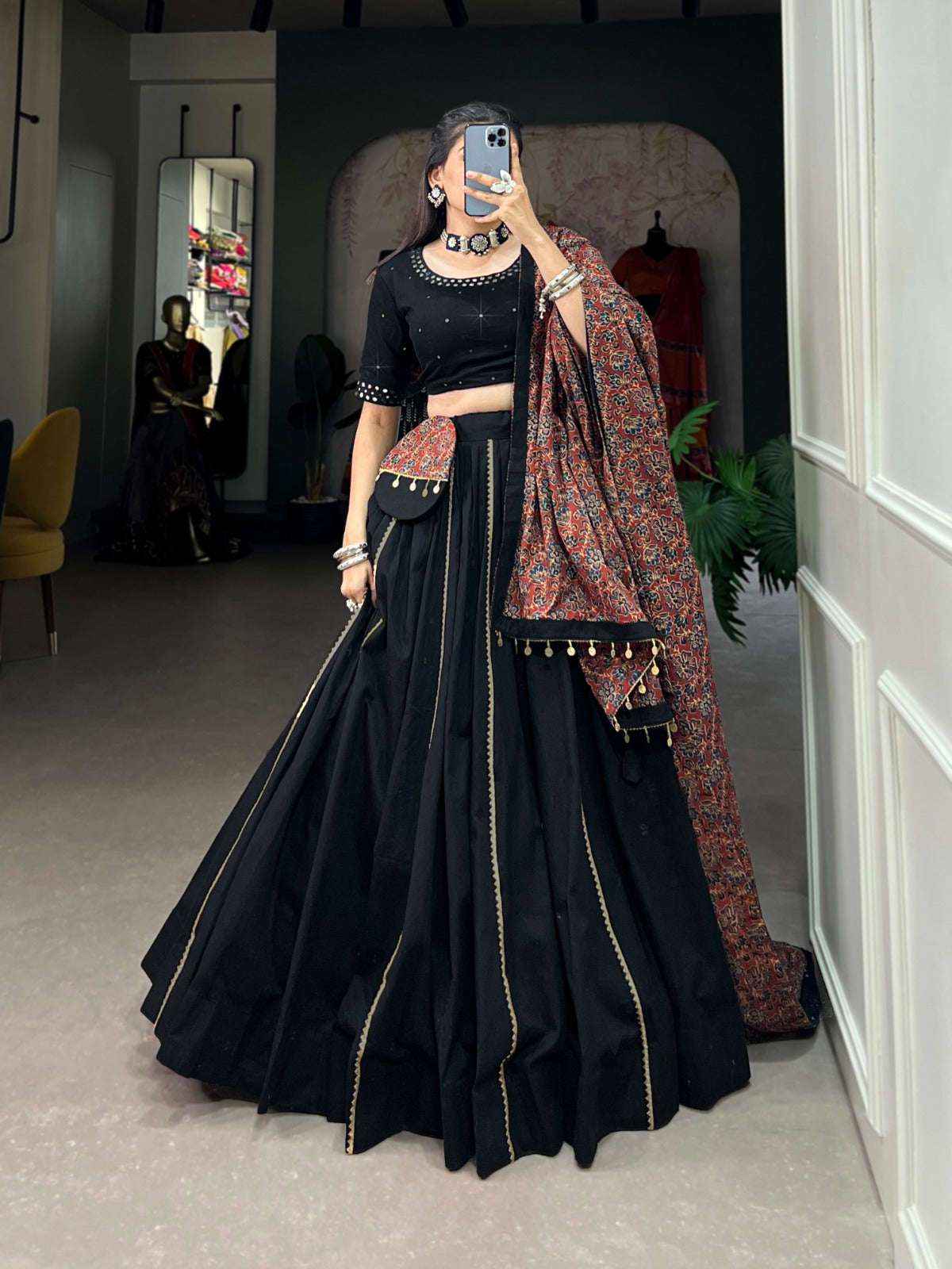 Elegant Black Cotton Navratri Lehenga Choli with Ajrakh Dupatta in Germany