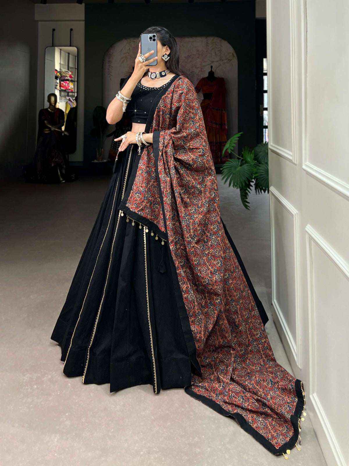 Elegant Black Cotton Navratri Lehenga Choli with Ajrakh Dupatta in Germany
