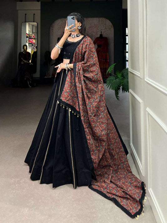 Elegant Black Cotton Navratri Lehenga Choli with Ajrakh Dupatta in Germany Namma Markt