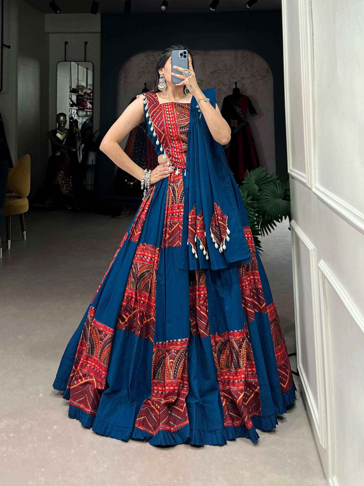 Traditional Blue & Red Printed Navratri Chaniya Choli Set in Germany