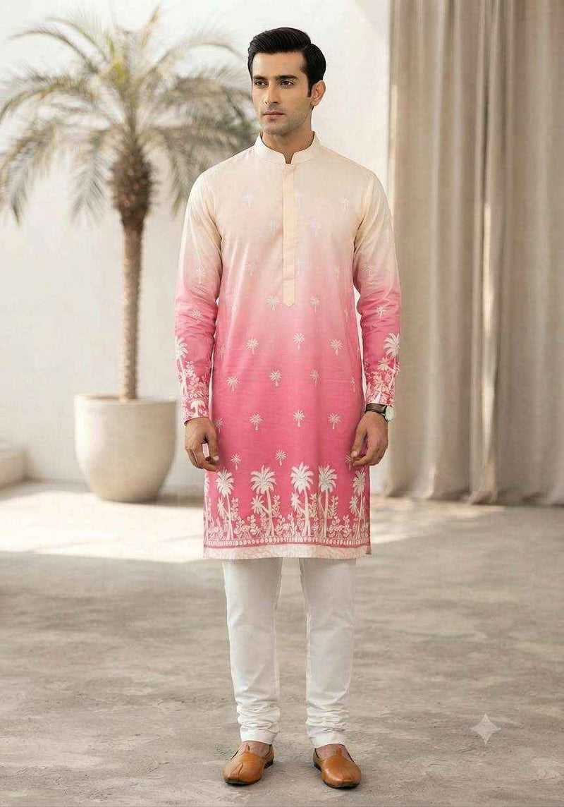 Men's Cream to Pink Ombré Printed Festive Kurta set in Berlin