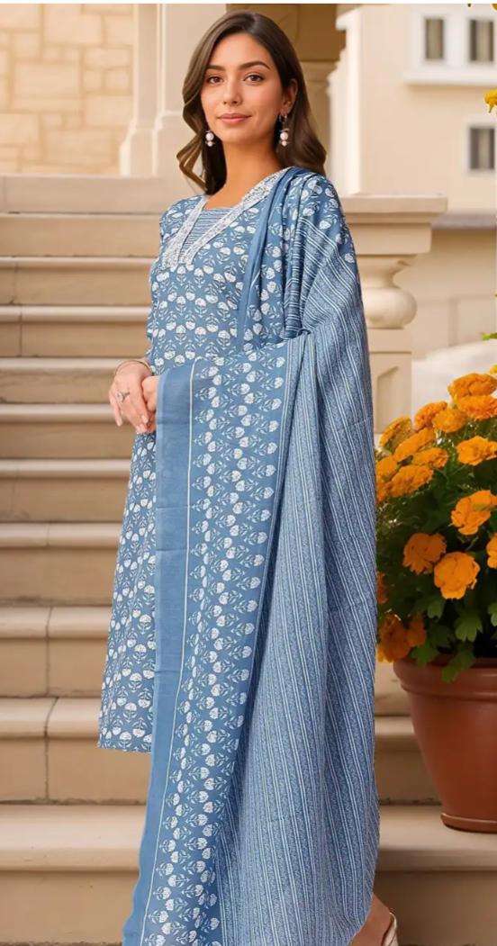 Floral Printed V-Neck Thread Work Pure Cotton Kurta With Trousers & Dupatta in Germany Namma Markt