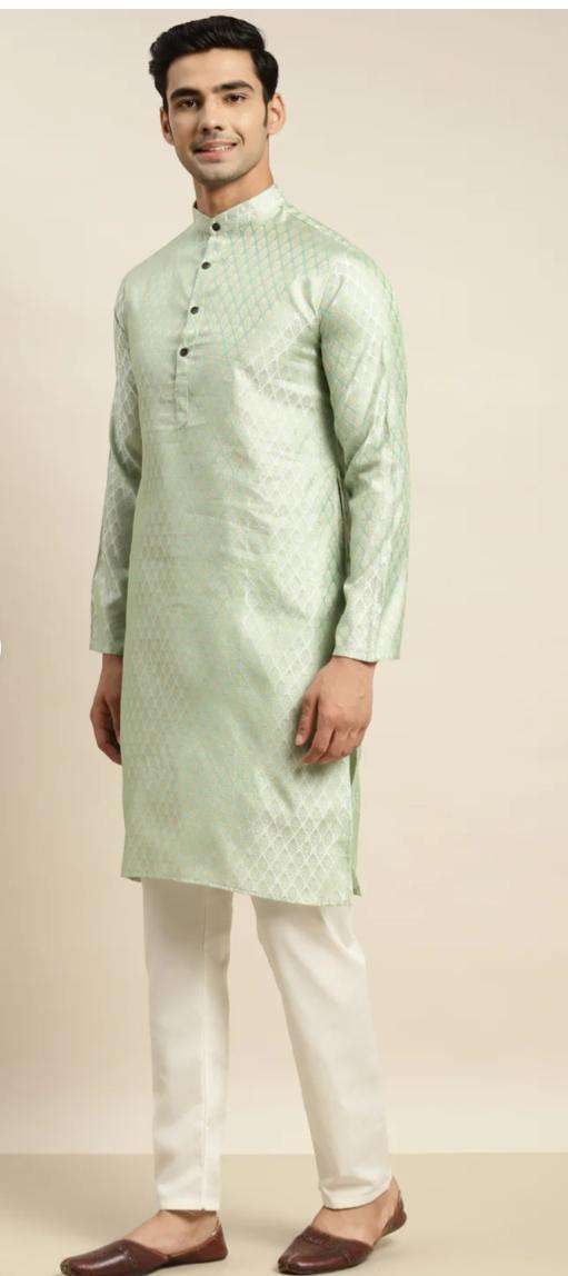 Men's Silk Blend Pista Green Kurta and Cream Pyjama With Cream Nehru Jacket in Germany Namma Markt