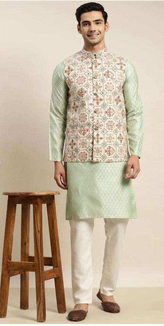 Men's Silk Blend Pista Green Kurta and Cream Pyjama With Cream Nehru Jacket in Germany Namma Markt
