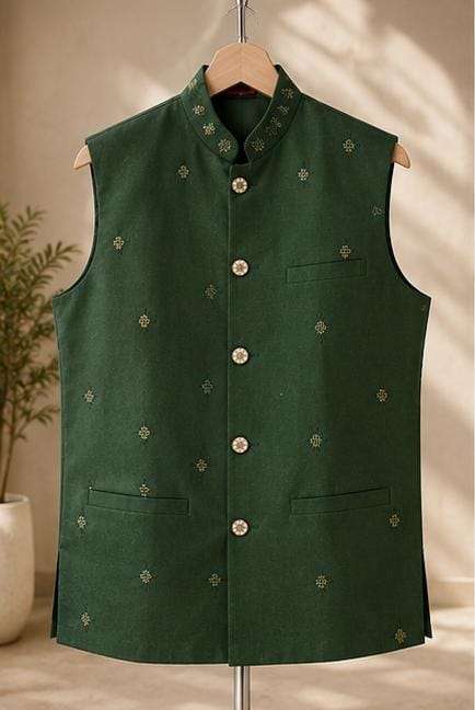 Men's Dark Green Embroidered Cotton Blend Nehru Jacket in Berlin