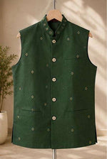 Men's Dark Green Embroidered Cotton Blend Nehru Jacket in Berlin