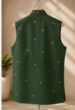 Men's Dark Green Embroidered Cotton Blend Nehru Jacket in Berlin