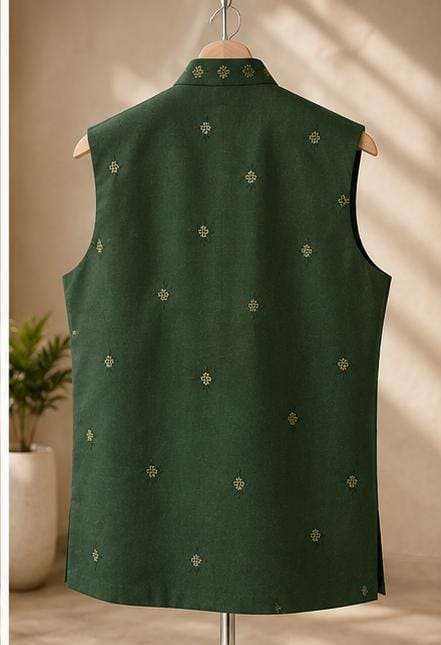 Men's Dark Green Embroidered Cotton Blend Nehru Jacket in Berlin