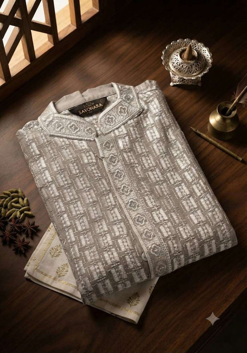 Grey Silk Blend Geometric Woven Design Straight Kurta and pent in Germany