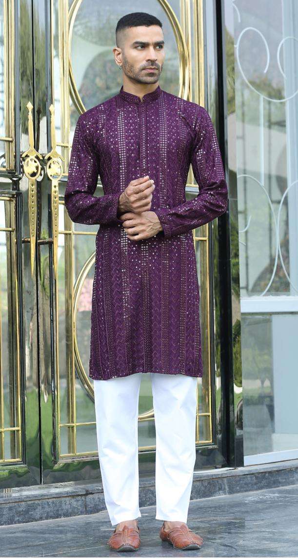 Silk Rayon Embroidered Sequinned Purple Kurta and Pyjama in Germany Namma Markt