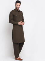 Men Cotton Brown Pathani Kurta with Trousers in Germany