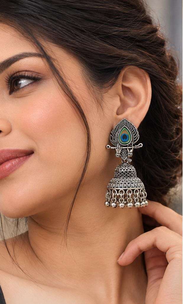 Traditional Indian oxidized silver jhumka earrings