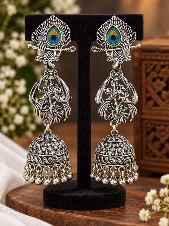 Lord Krishna Flute & Peacock Feather Oxidised Jhumka Earrings