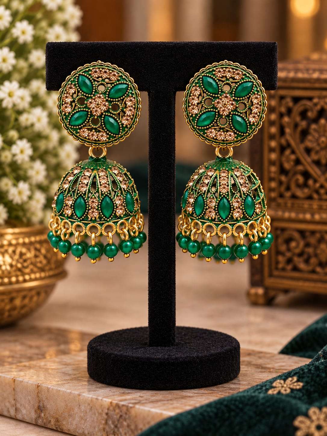 Antique Gold Plated Green Floral Jhumka Earrings in Germany