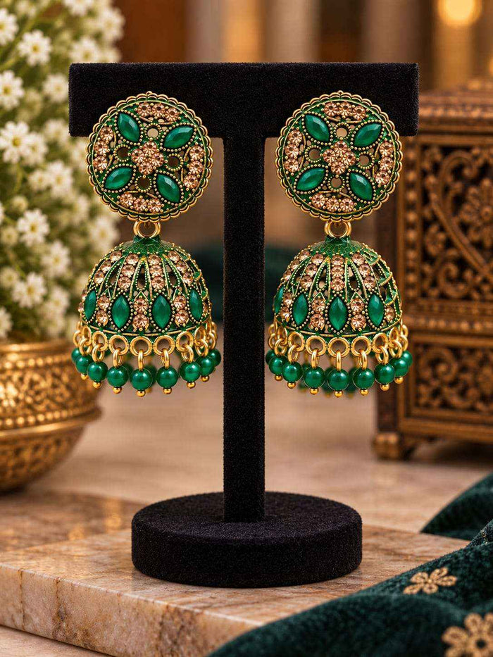 Antique Gold Plated Green Floral Jhumka Earrings in Germany