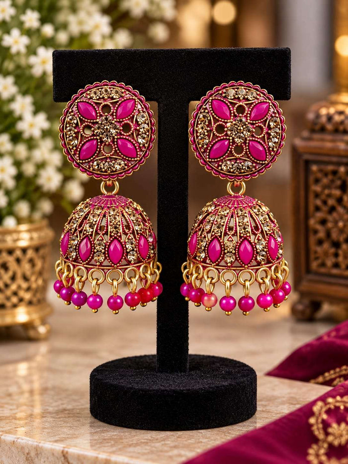 Antique Gold Plated Megenta Floral Jhumka Earrings