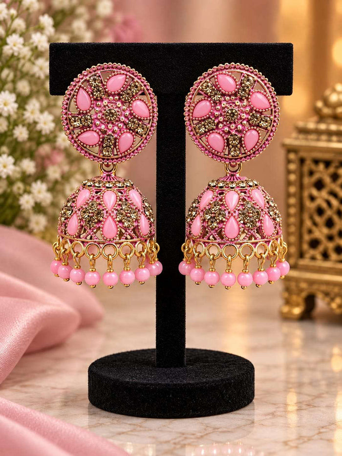 Elegant Gold-Plated Pink Floral Jhumka Earrings with Teardrop Stones