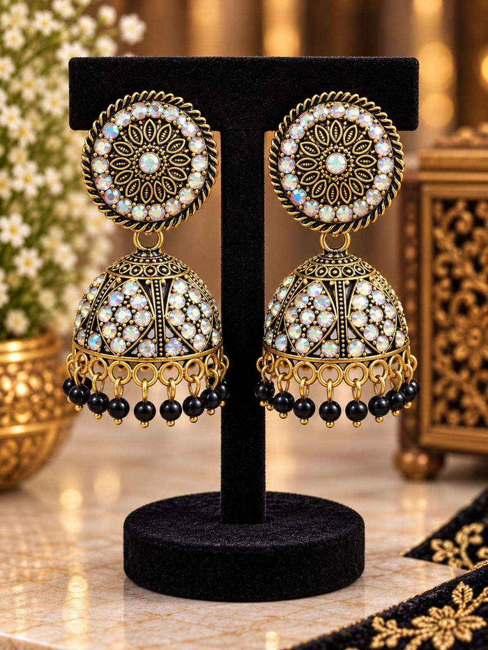 Antique Gold Jhumka Earrings with Aurora Borealis (AB) Crystals and Black Beads in Germany