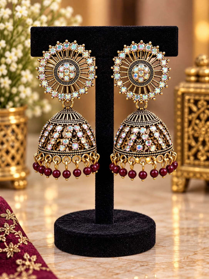 Traditional Antique Gold-Plated Jhumka Earrings with Aurora Borealis Crystals and Maroon Beads