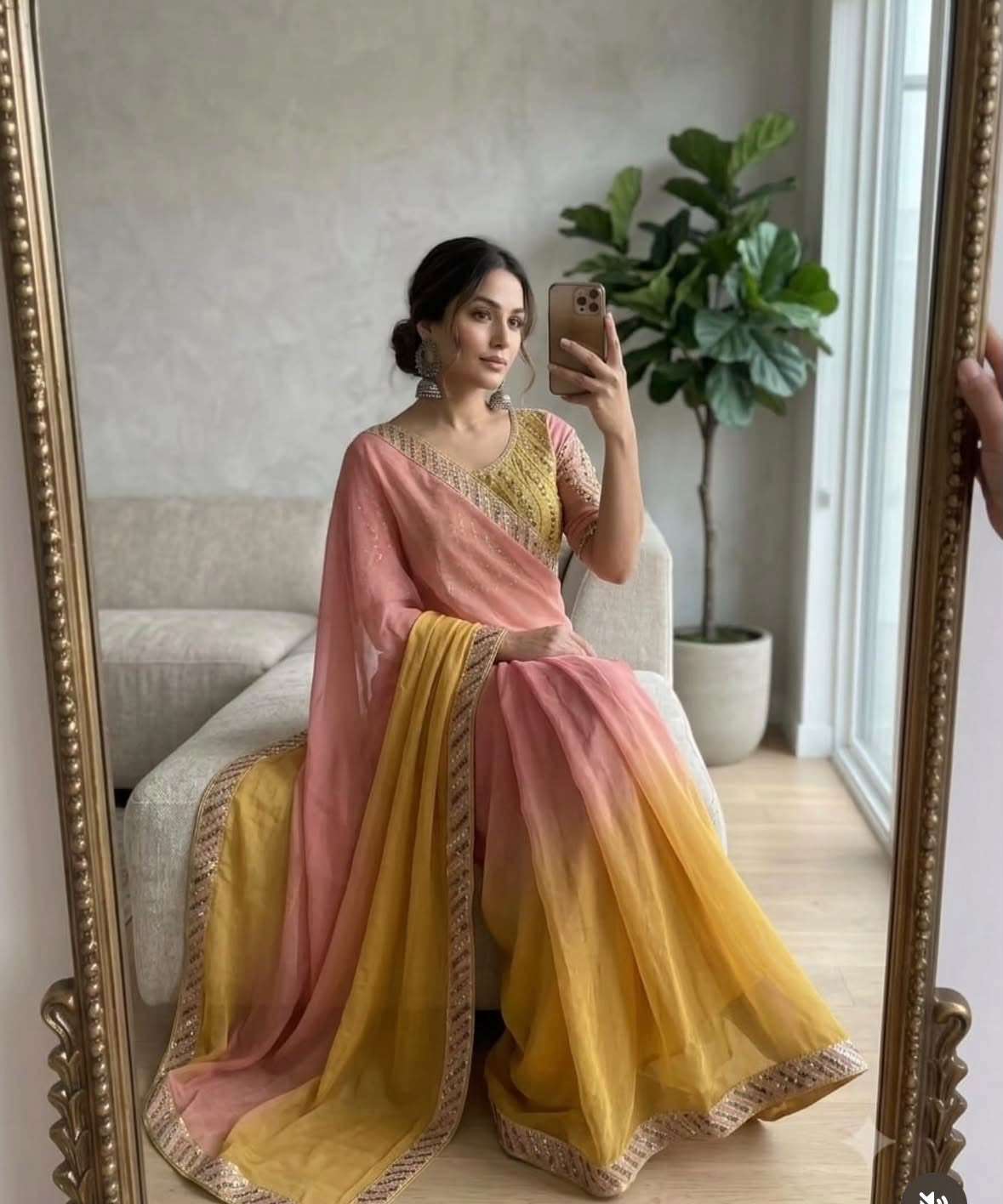 Elegant pink and yellow ombre chiffon saree and Stitched blouse in Germany