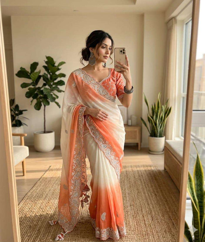Elegant Ivory and Orange Shaded Saree and Stitched blouse in Germany