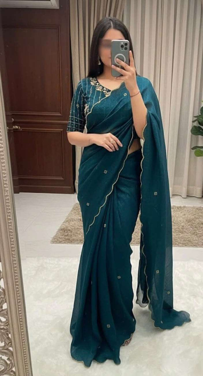 Pure Soft Crunchy Silk Saree with Khatli Handwork Border & Stitched Blouse in Germany