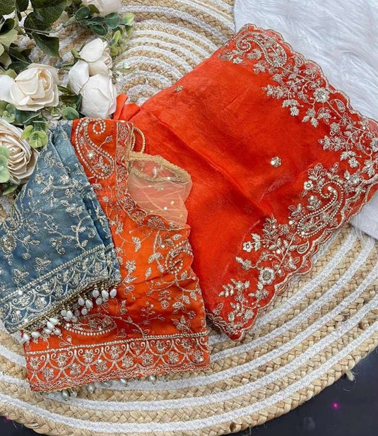Dual-Tone Embroidered Satin Silk Saree with Ombre Gradient & Stitched Blouse in Germany