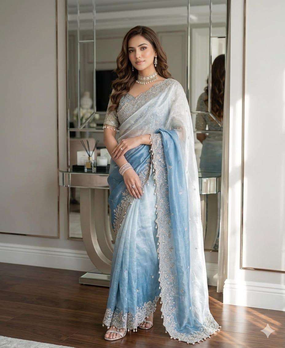 Powder blue and white ombre organza saree & Stitched Blouse in Germany Namma Markt