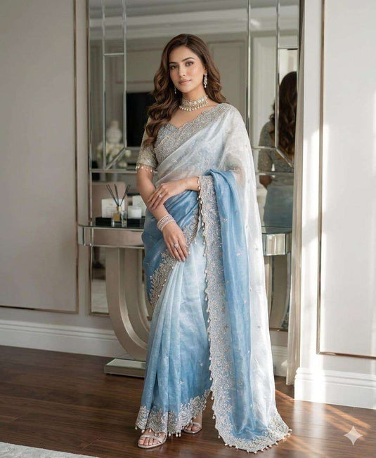 Powder blue and white ombre organza saree & Stitched Blouse in Germany Namma Markt